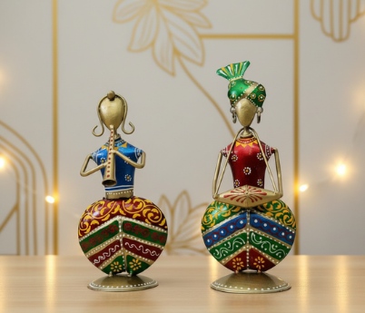 Metal Rajasthani Musician Showpiece Set – Handcrafted  Iron Figurines (Set of 2)