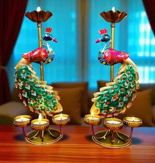 Elegant Rajasthani Peacock Tea Light Holder Stand (Set of 2)