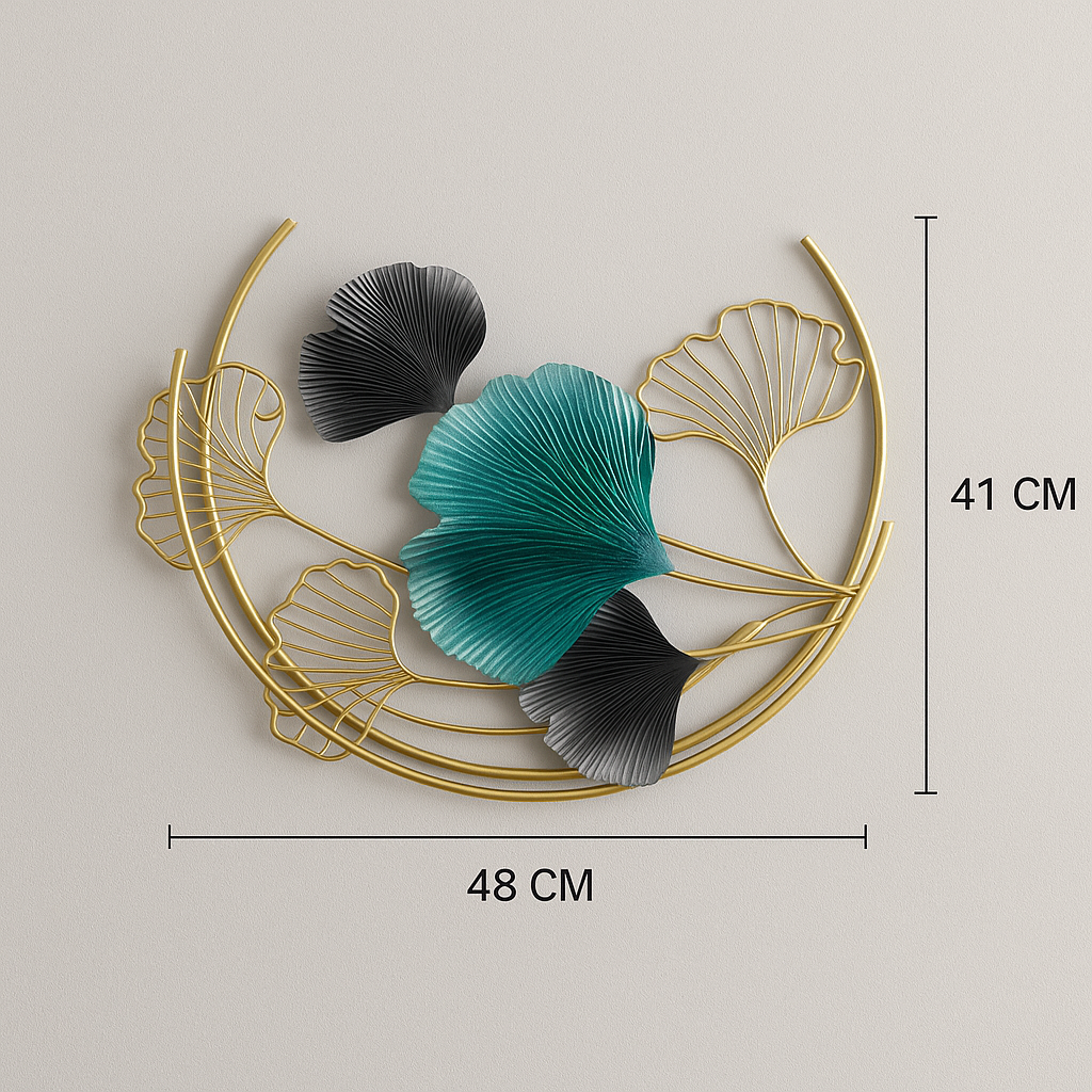 Modern Metal Wall Art with Teal and Gold Leaf Design – Elegant Home Decor
