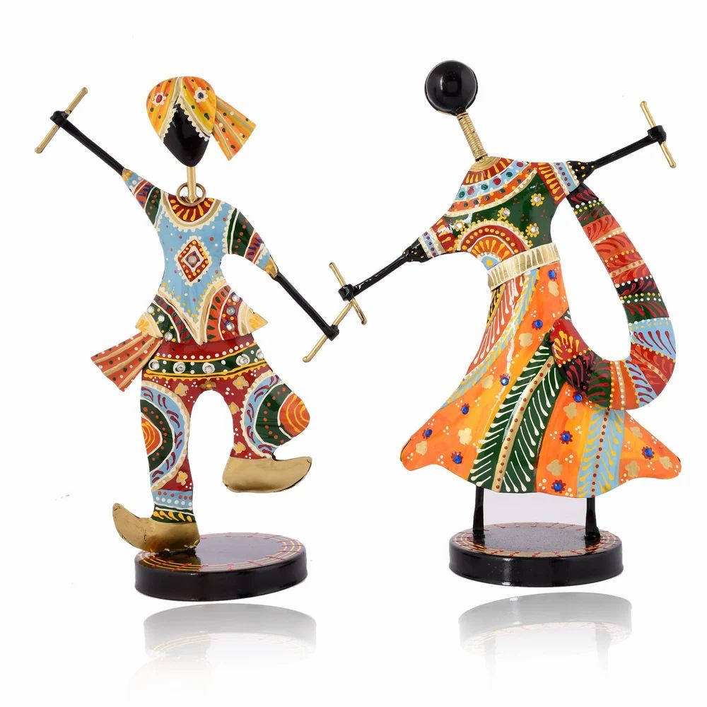 Multicolor Rajasthani Dandiya Couple – Handcrafted Metal Figurines for Artistic Home Decor