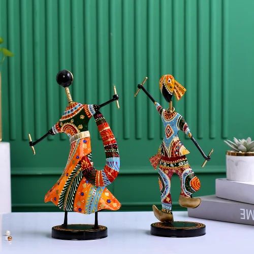 Multicolor Rajasthani Dandiya Couple – Handcrafted Metal Figurines for Artistic Home Decor