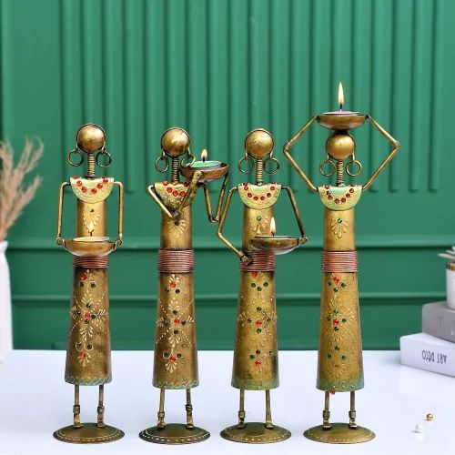 Beautiful Antique Metal Lady Figurine Set – Handcrafted Showpiece for Living Room Decor