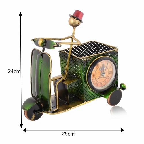 Green Scooter Metal Pen Stand – Handcrafted Clock Desk Decor for Home & Office