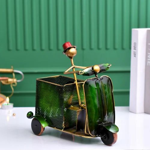 Green Scooter Metal Pen Stand – Handcrafted Clock Desk Decor for Home & Office