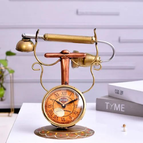 Antique Metal Telephone Clock – Handcrafted Vintage Showpiece for Home & Office Decor