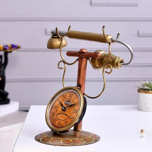 Antique Metal Telephone Clock – Handcrafted Vintage Showpiece for Home & Office Decor