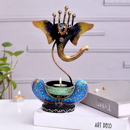 Beautiful Metal Ganesh T-Light Holder – Handcrafted Black Candle Stand for Elegant Home Decor