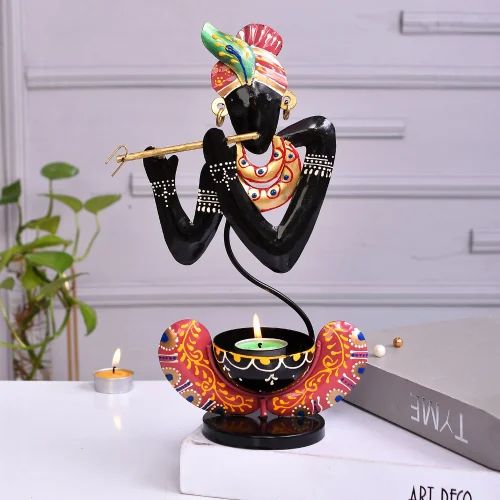 Handcrafted Black Metal Krishna T-Light Holder – Elegant Candle Stand for Home & Festive Decor