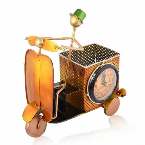 Metal Scooter Pen Holder with Clock | Decorative Table Organizer for Office & Home Decor