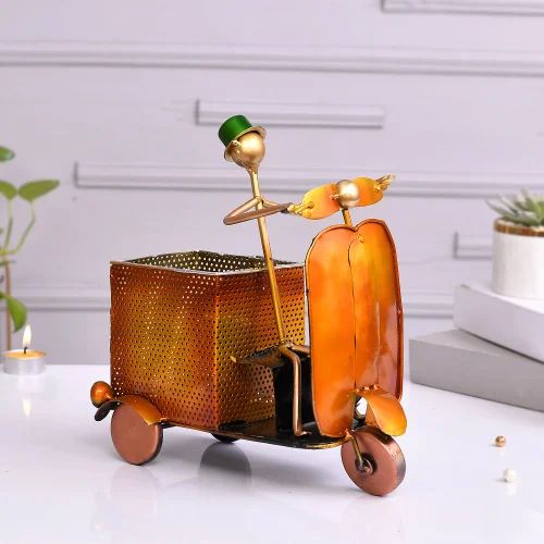 Metal Scooter Pen Holder with Clock | Decorative Table Organizer for Office & Home Decor