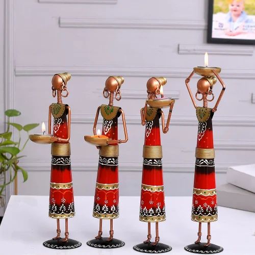 Handmade Metal Labour Lady Showpiece in Red Dress | Artistic Home Decoration Piece for Living Room & Gift