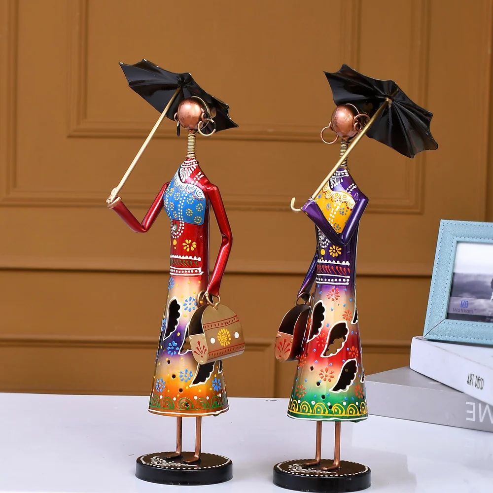 Handmade Metal Umbrella Doll Set | Elegant Decorative Showpieces for Living Room & Office Décor | Antique Finish Artistic Figurine Set