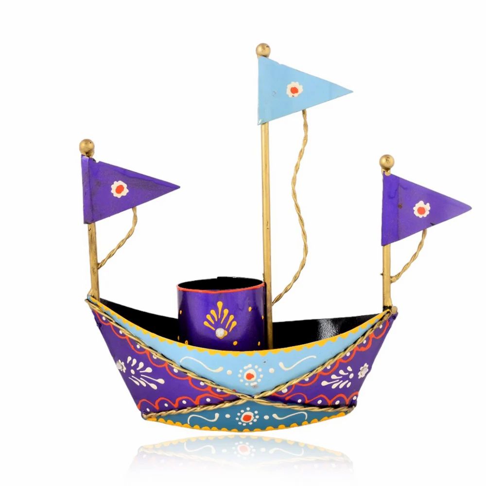Handcrafted Metal Blue Boat Pen Holder | Artistic Tabletop Organizer for Home, Office & Study Desk