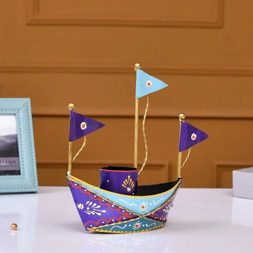 Artistic Blue Boat Design Pen Holder – Handcrafted Metal Desk Organizer for Home Decor