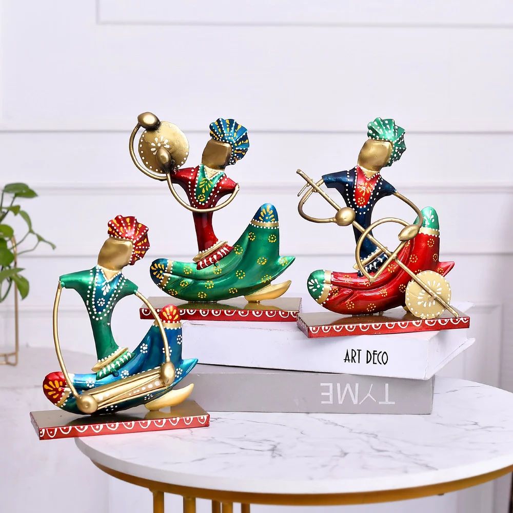 Handmade Metal Nagpur Lite Musician Set | Artistic Decorative Showpieces for Table & Living Room Décor | Rajasthani Folk Musician Sculpture Set