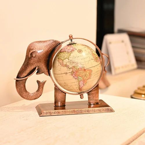 Antique Metal Elephant Figurine with Globe – Artistic Handcrafted Decor for Home & Office
