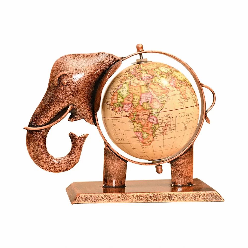 Handcrafted Metal Elephant with Globe | Antique Decorative Figurine for Table & Living Room Decor