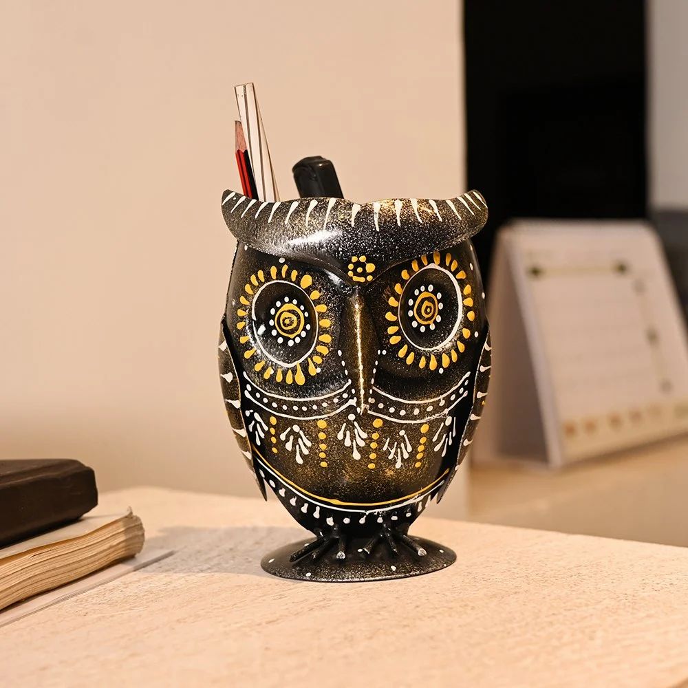Handcrafted Metal Owl Pen Holder for Desk | Stylish Stationery Organizer | Artistic Home & Office Table Decor Gift