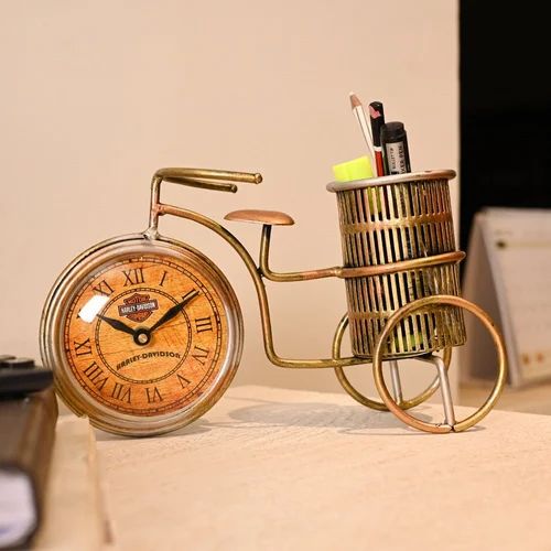 Elegant Golden Cycle Pen Holder with Clock – Premium Metal Office Desk Decor