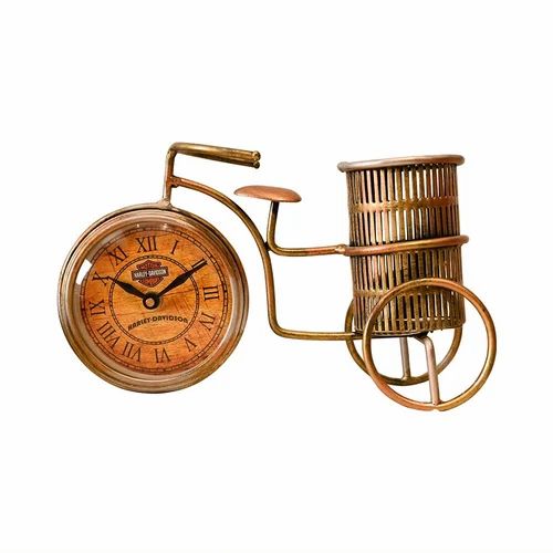 Elegant Golden Cycle Pen Holder with Clock – Premium Metal Office Desk Decor