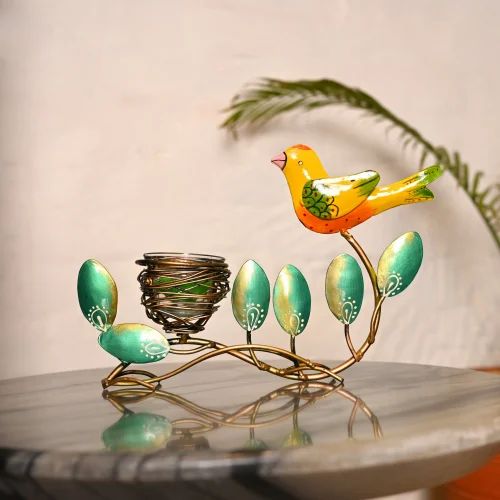 Metal Bird Leaf T Lite Holder | Decorative Tealight Candle Stand for Home & Table Decor