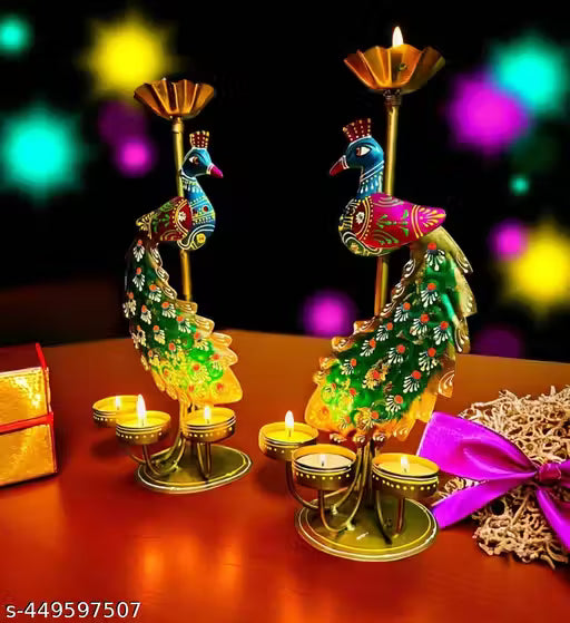Elegant Rajasthani Peacock Tea Light Holder Stand (Set of 2)