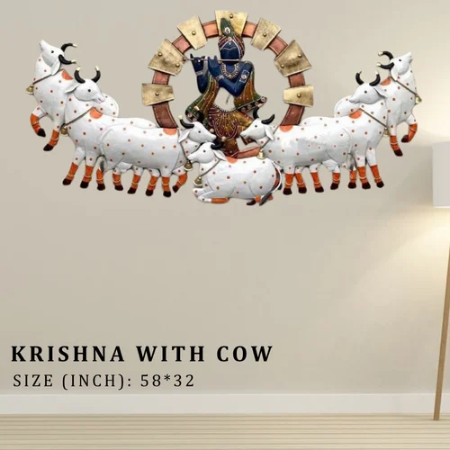 Handmade Metal Krishna and Cow Wall Decor | Elegant Religious Showpiece for Living Room