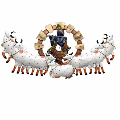 Handmade Metal Krishna and Cow Wall Decor | Elegant Religious Showpiece for Living Room