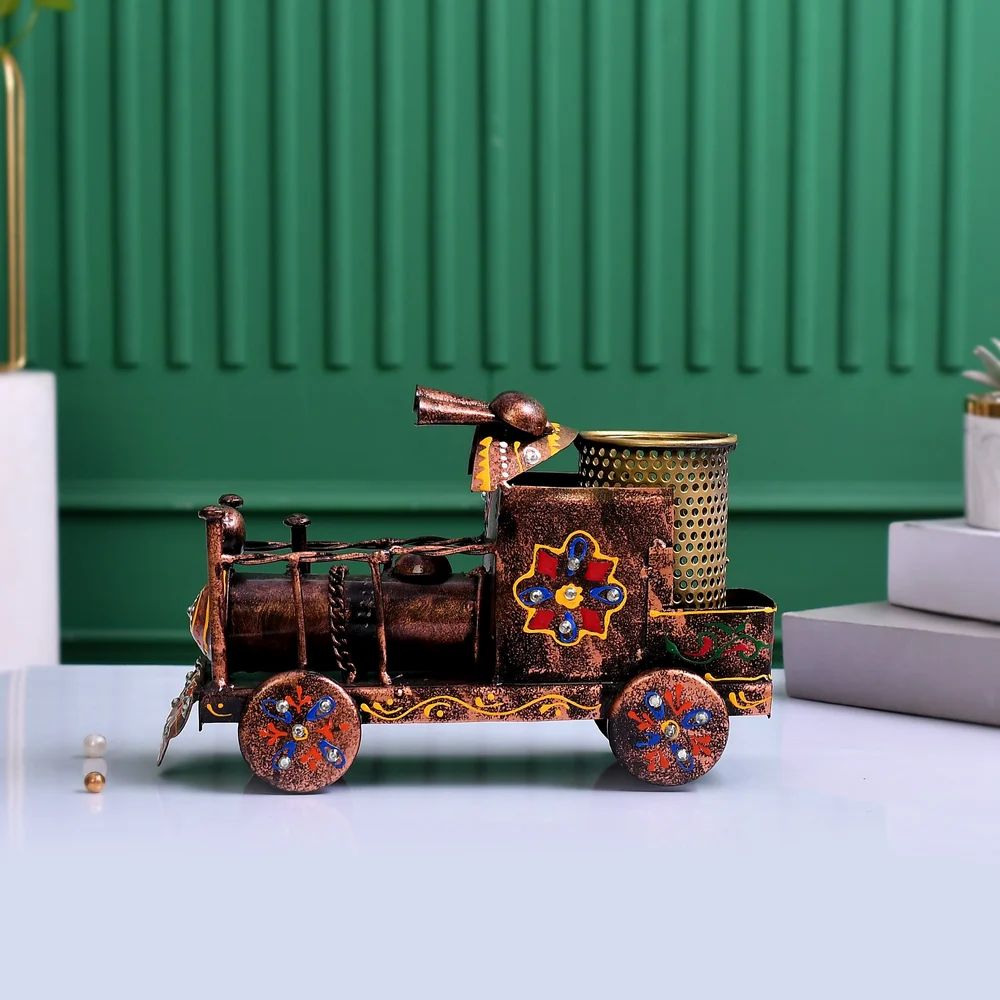 Printed Engine Pen Stand | Handcrafted Metal Desk Organizer | Decorative Stationery Holder for Home & Office Table