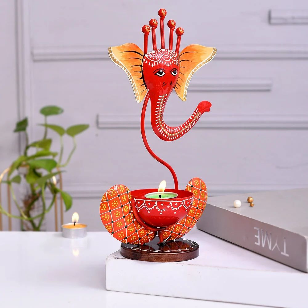 Handmade Ganesh T Lite Candle Holder | Artistic Metal Ganesha Tea Light Stand for Home Decor & Gifts