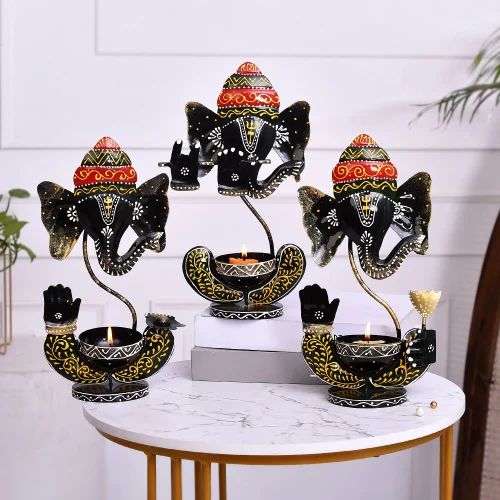 Set of 3 Ganesh T-Light Holders – Handcrafted Decorative Candle Stands for Festive Home Decor