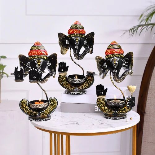Set of 3 Ganesh T-Light Holders – Handcrafted Decorative Candle Stands for Festive Home Decor