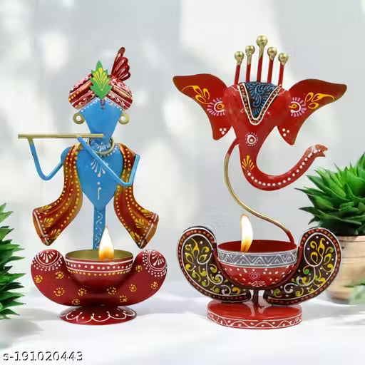 Decorative Ganesh & Krishna Diya Stand Set – Handcrafted Iron Tea Light Holders  (Set of 2)