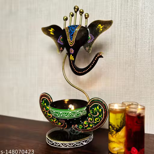 Shubh Labh Edition Handmade Ganesha Diya Stand – Iron Tea Light Holder