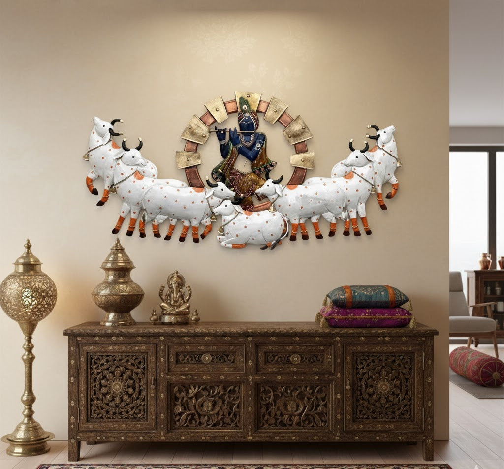 Handmade Metal Krishna and Cow Wall Decor | Elegant Religious Showpiece for Living Room