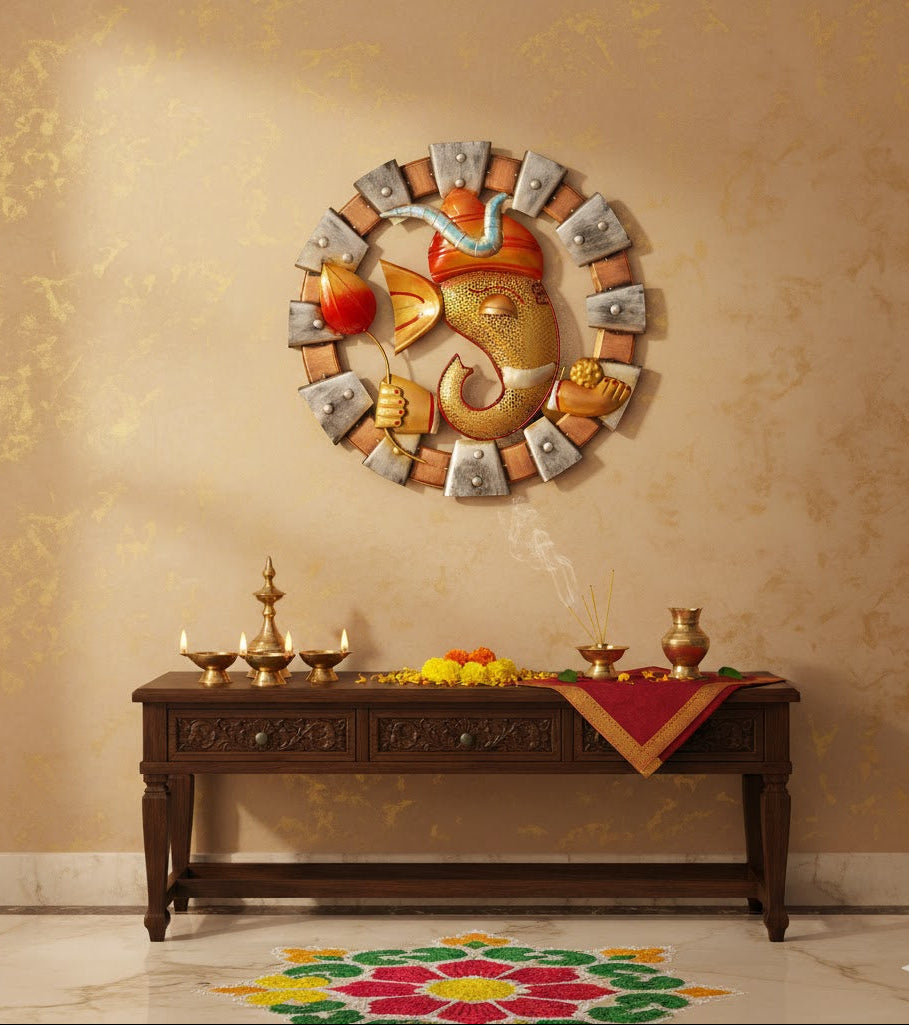 Handmade Metal Laddu Ganesha – Spiritual Wall Hanging for Home Decor