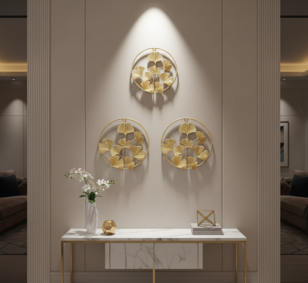 Set of 3 Gold Round Metal Wall Art – Ginkgo Leaf Design