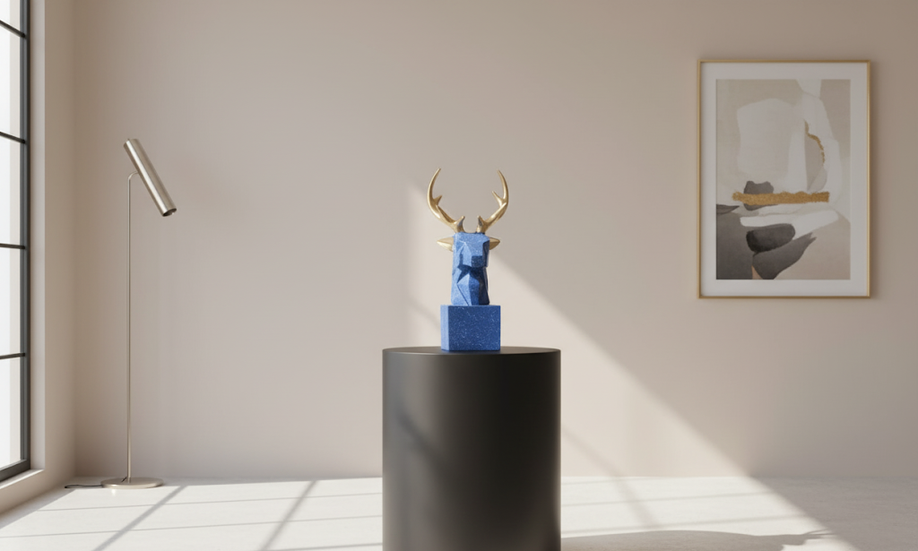 Blue Deer Head Sculpture with Gold Antlers - Modern Home Decor - Unique Gift Idea