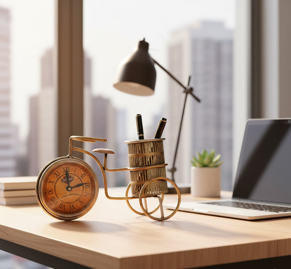 Elegant Golden Cycle Pen Holder with Clock – Premium Metal Office Desk Decor