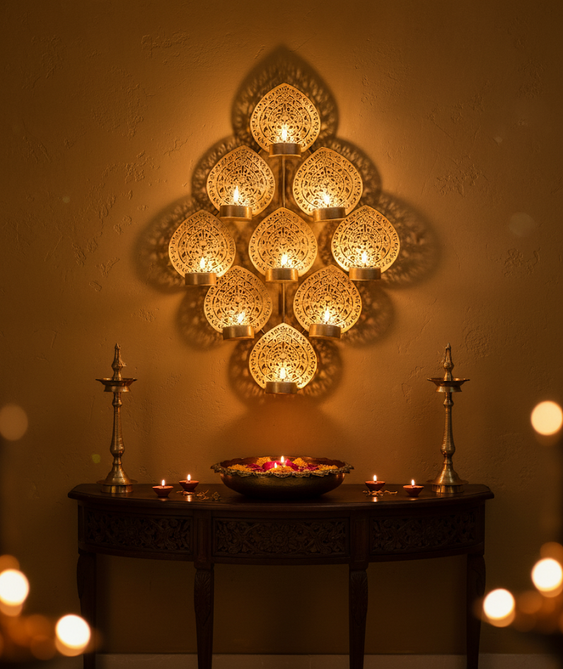 Rustic Leaf Glow: Handcrafted Iron Tealight Holder Wall Decor