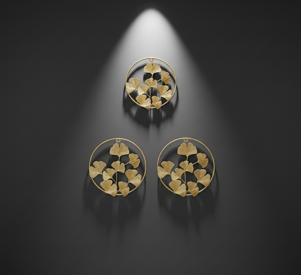 Set of 3 Gold Round Metal Wall Art – Ginkgo Leaf Design