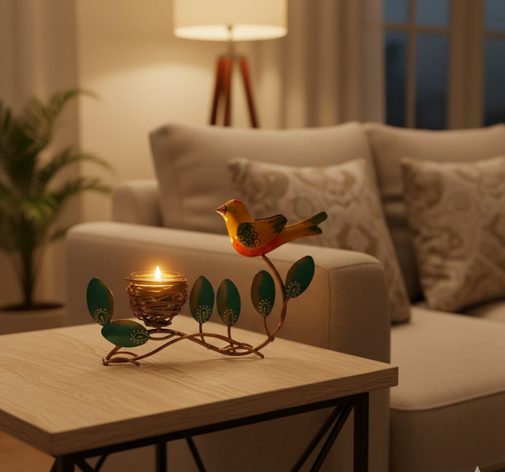 Metal Bird Leaf T Lite Holder | Decorative Tealight Candle Stand for Home & Table Decor