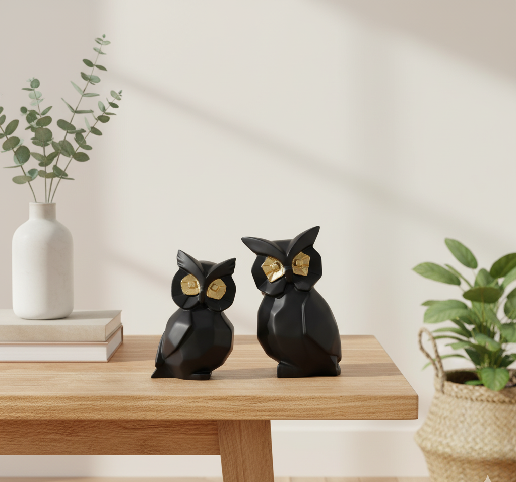 Modern Black Owl Figurine Duo - Gold-Eyed Sculptural Home Decor