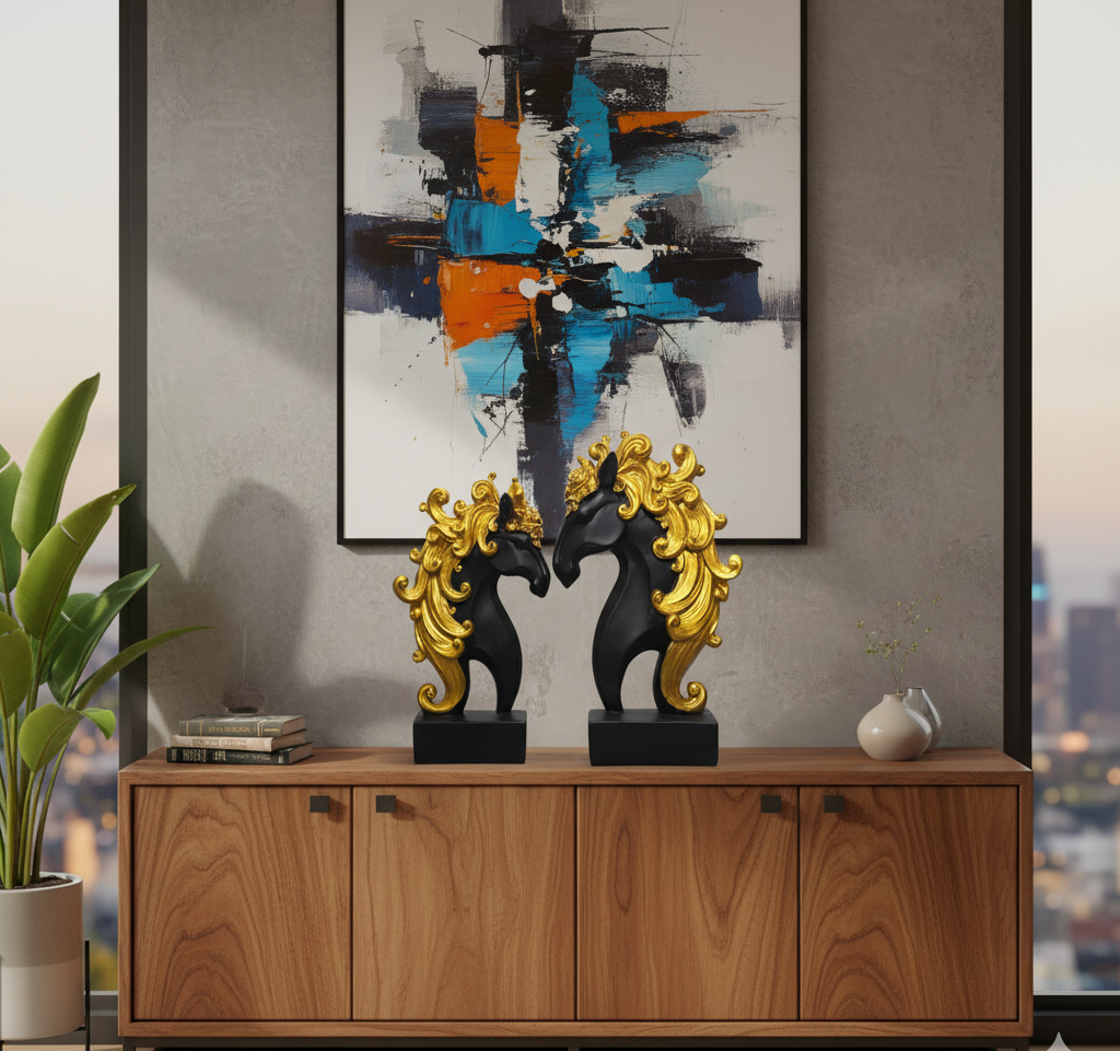 Elegant Black and Gold Horse Statues - Majestic Decorative Accents for Home and Office