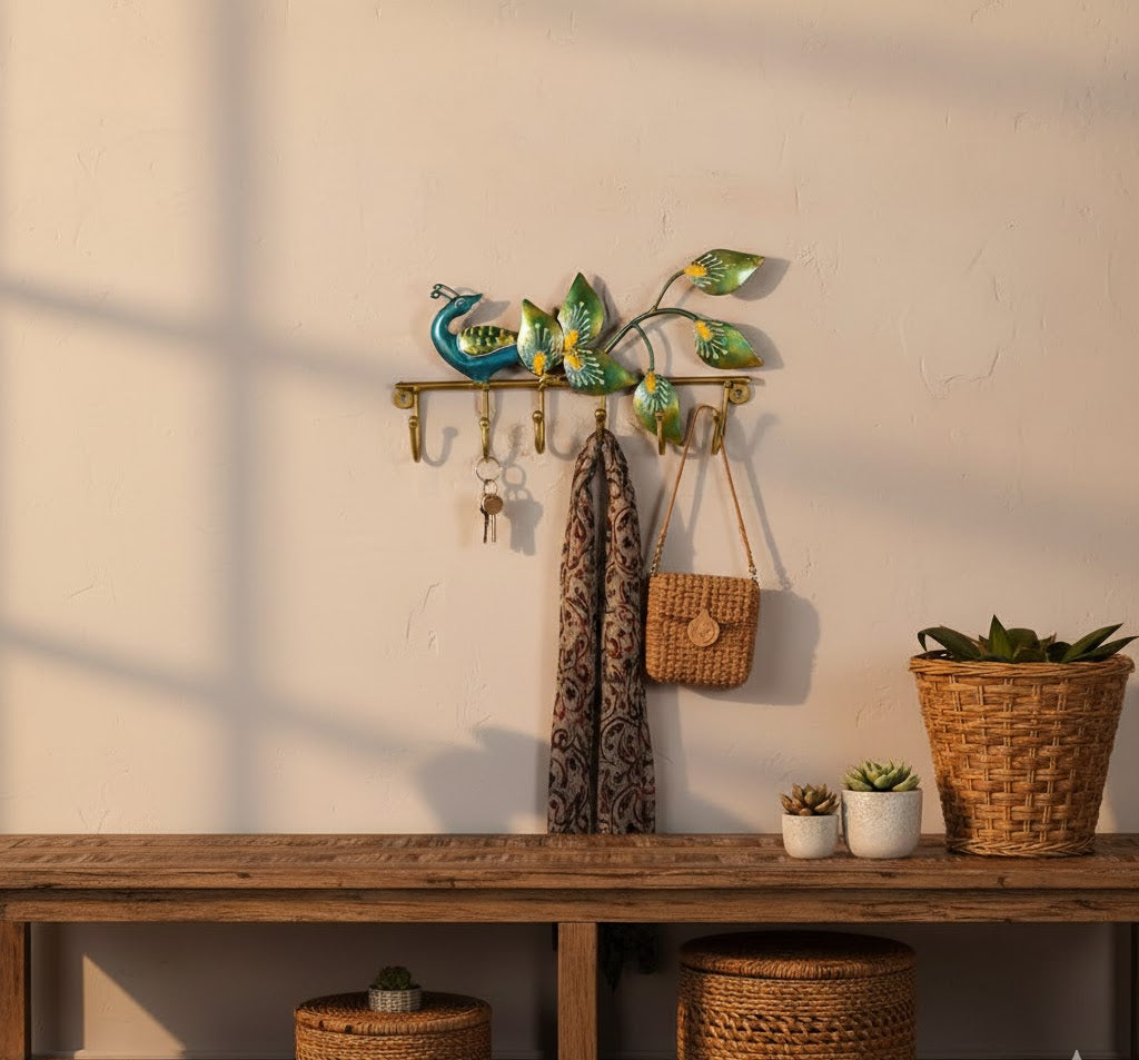 Handcrafted Peacock Metal Key Holder – Elegant Wall Mounted Home Decor Piece
