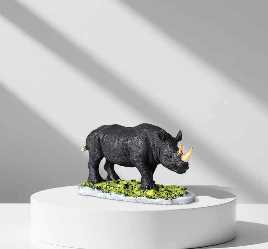 Realistic Black Rhino Figurine with Gold Horn - Wildlife Decor