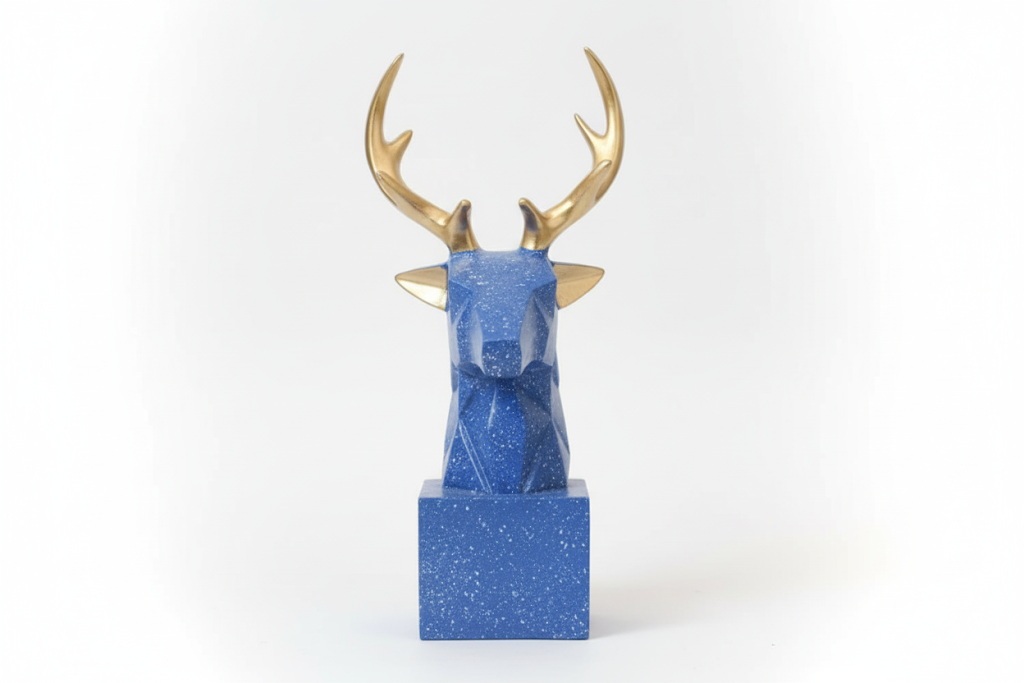 Blue Deer Head Sculpture with Gold Antlers - Modern Home Decor - Unique Gift Idea