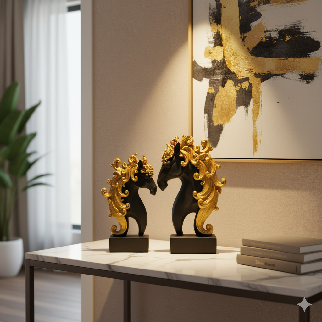 Elegant Black and Gold Horse Statues - Majestic Decorative Accents for Home and Office