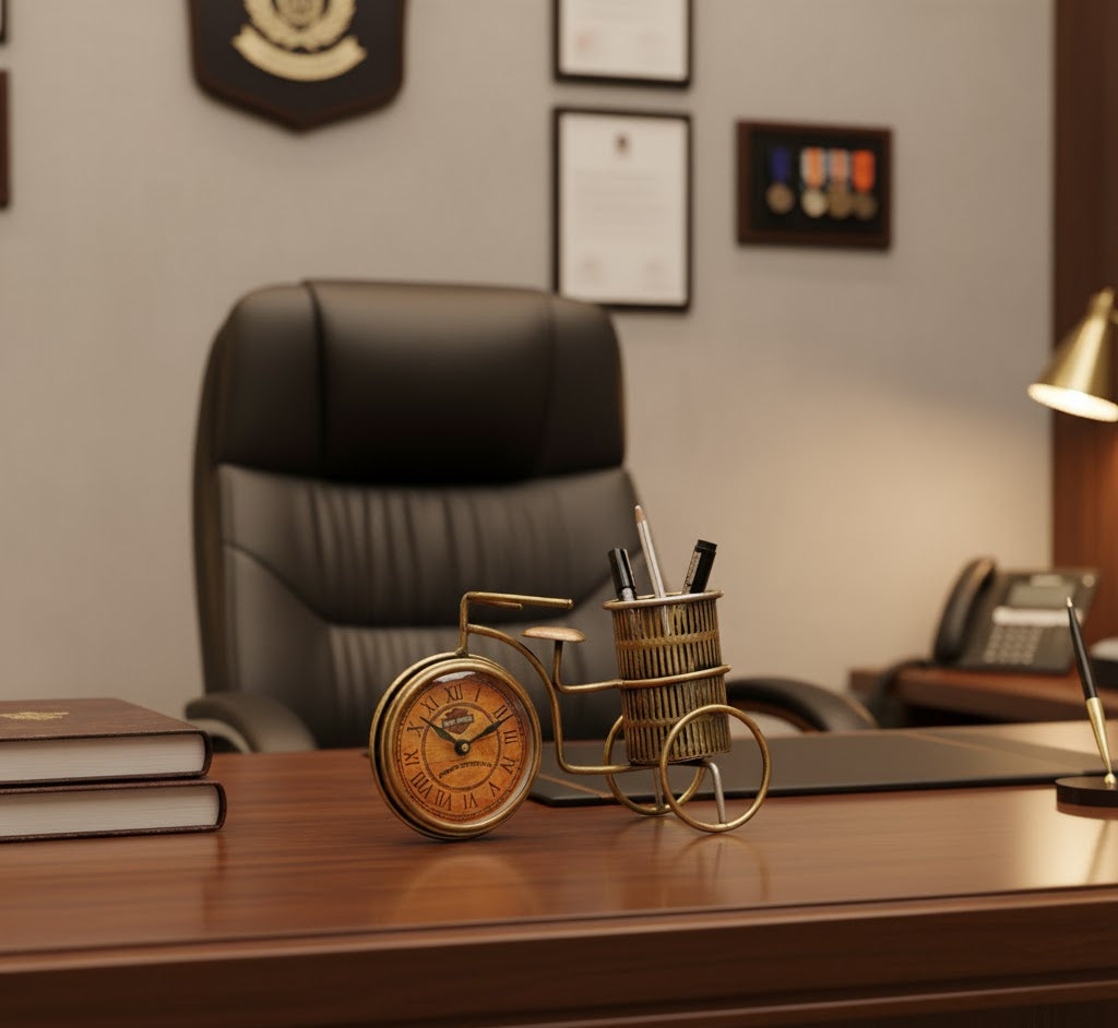 Elegant Golden Cycle Pen Holder with Clock – Premium Metal Office Desk Decor