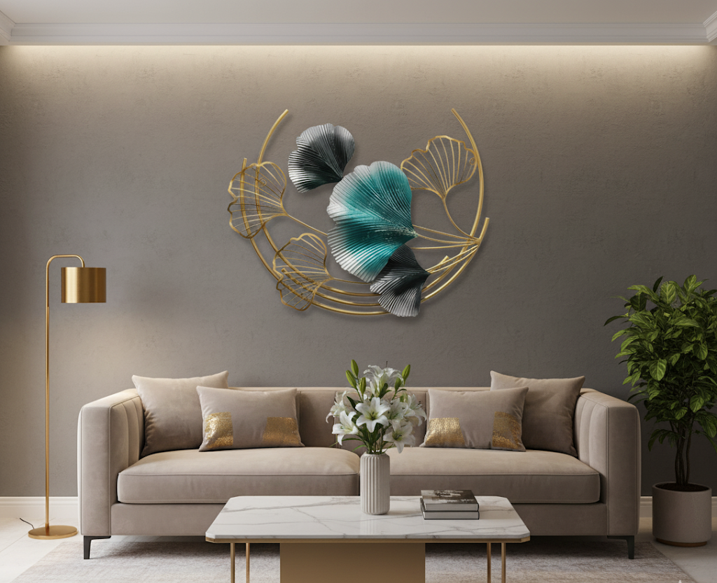 Modern Metal Wall Art with Teal and Gold Leaf Design – Elegant Home Decor